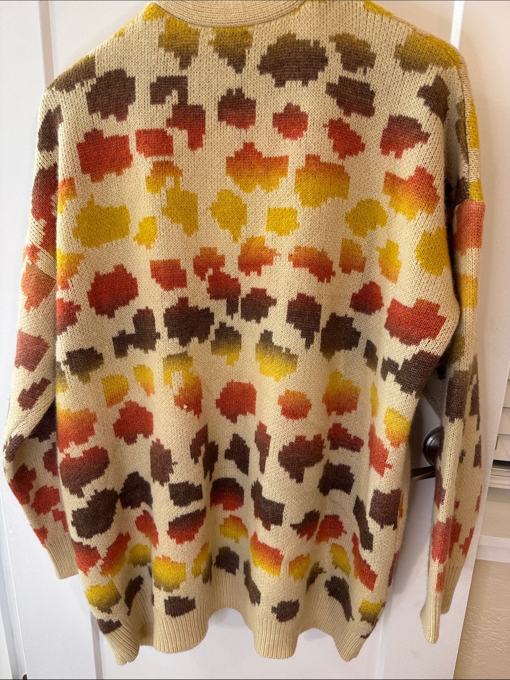 Open Front Cream Cardigan Yellow Orange Brown Spots Soft Knit Layering Piece - Picture 5 of 9